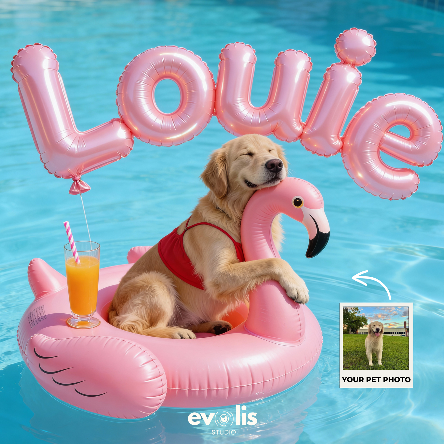 Custom Pet Poster Pink Paradise Float Portrait – Personalized High-Resolution Matte Print for Wall Art, Home Decor, or Unique Gifts for Pet Lovers (Frame Not Included)