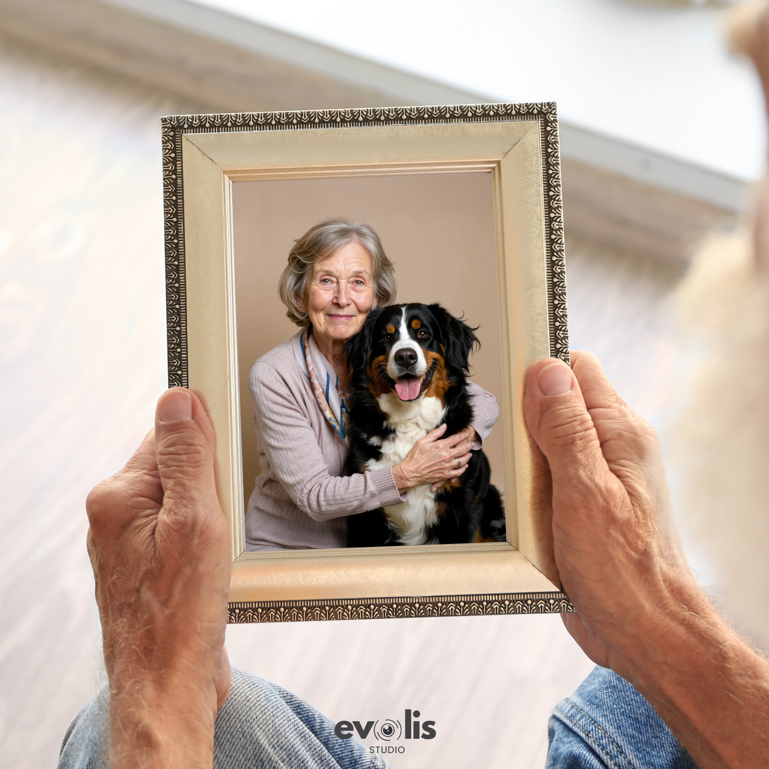 Custom Human & Pet Poster Sandstone Harmony Portrait – Personalized High-Resolution Matte Print for Wall Art, Home Decor, or Unique Gifts for Pet Lovers (Frame Not Included)