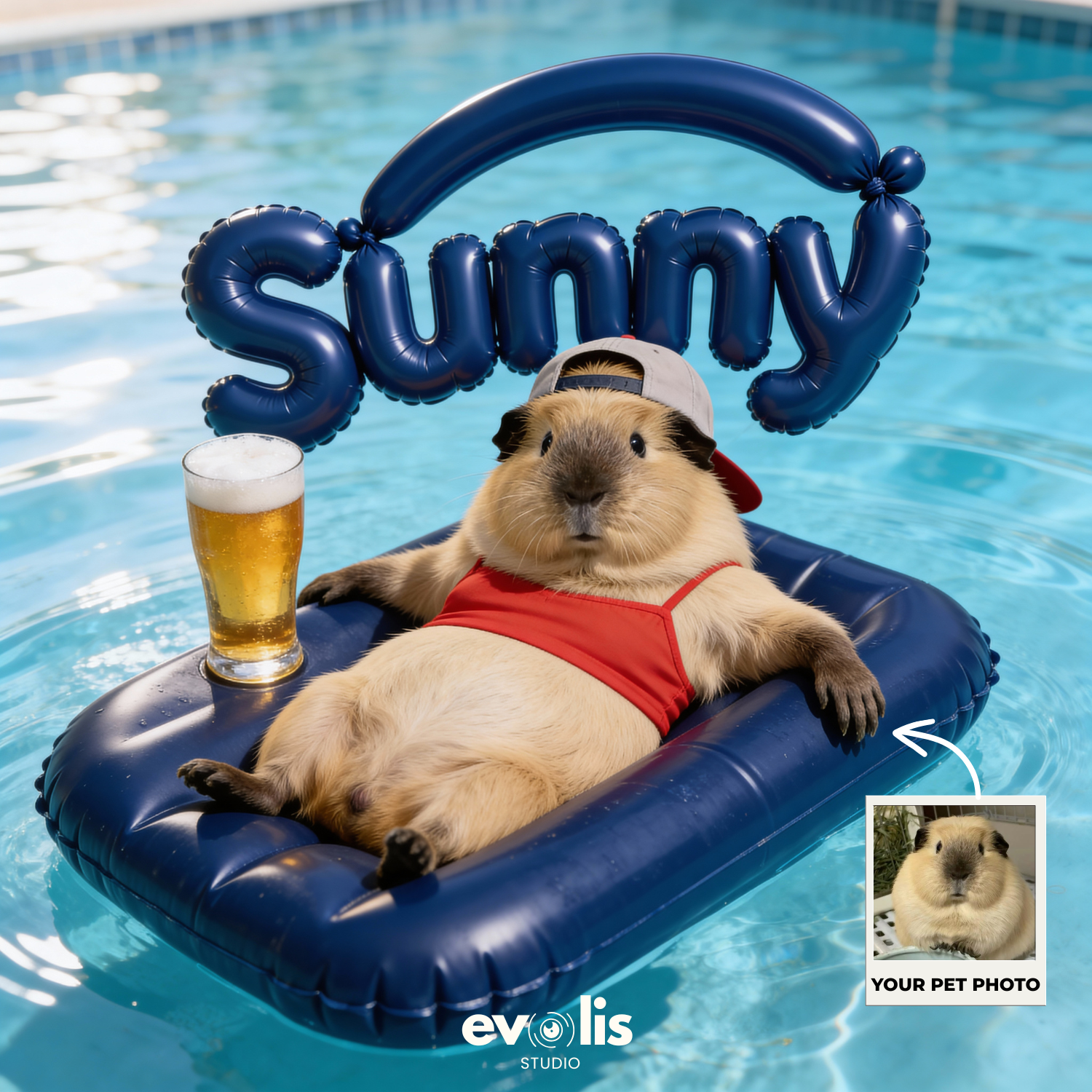 Custom Pet Poster Poolside Sunshine Portrait – Personalized High-Resolution Matte Print for Wall Art, Home Decor, or Unique Gifts for Pet Lovers (Frame Not Included)