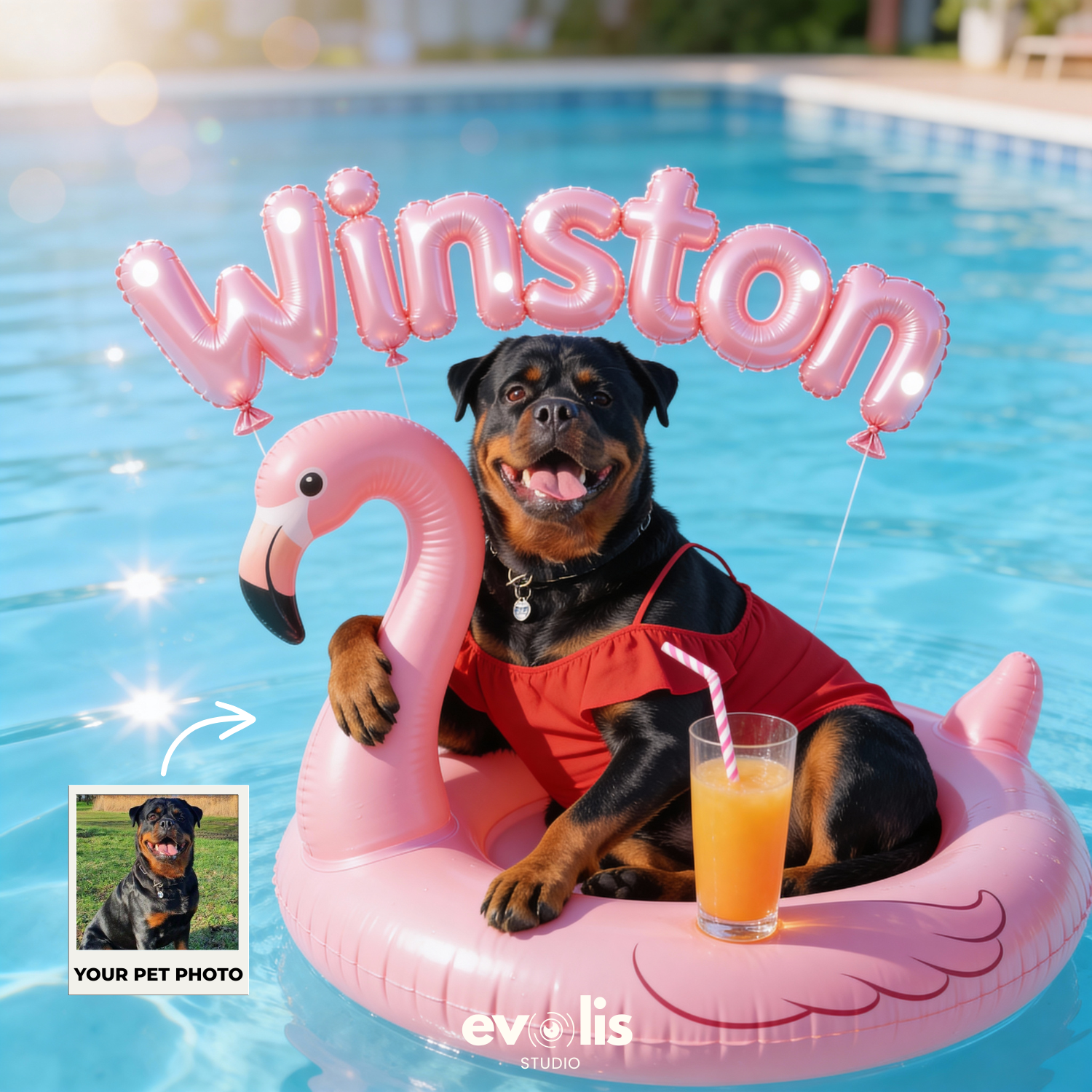 Custom Pet Poster Pink Paradise Float Portrait – Personalized High-Resolution Matte Print for Wall Art, Home Decor, or Unique Gifts for Pet Lovers (Frame Not Included)