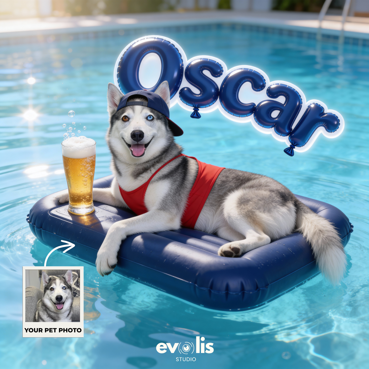 Custom Pet Poster Poolside Sunshine Portrait – Personalized High-Resolution Matte Print for Wall Art, Home Decor, or Unique Gifts for Pet Lovers (Frame Not Included)