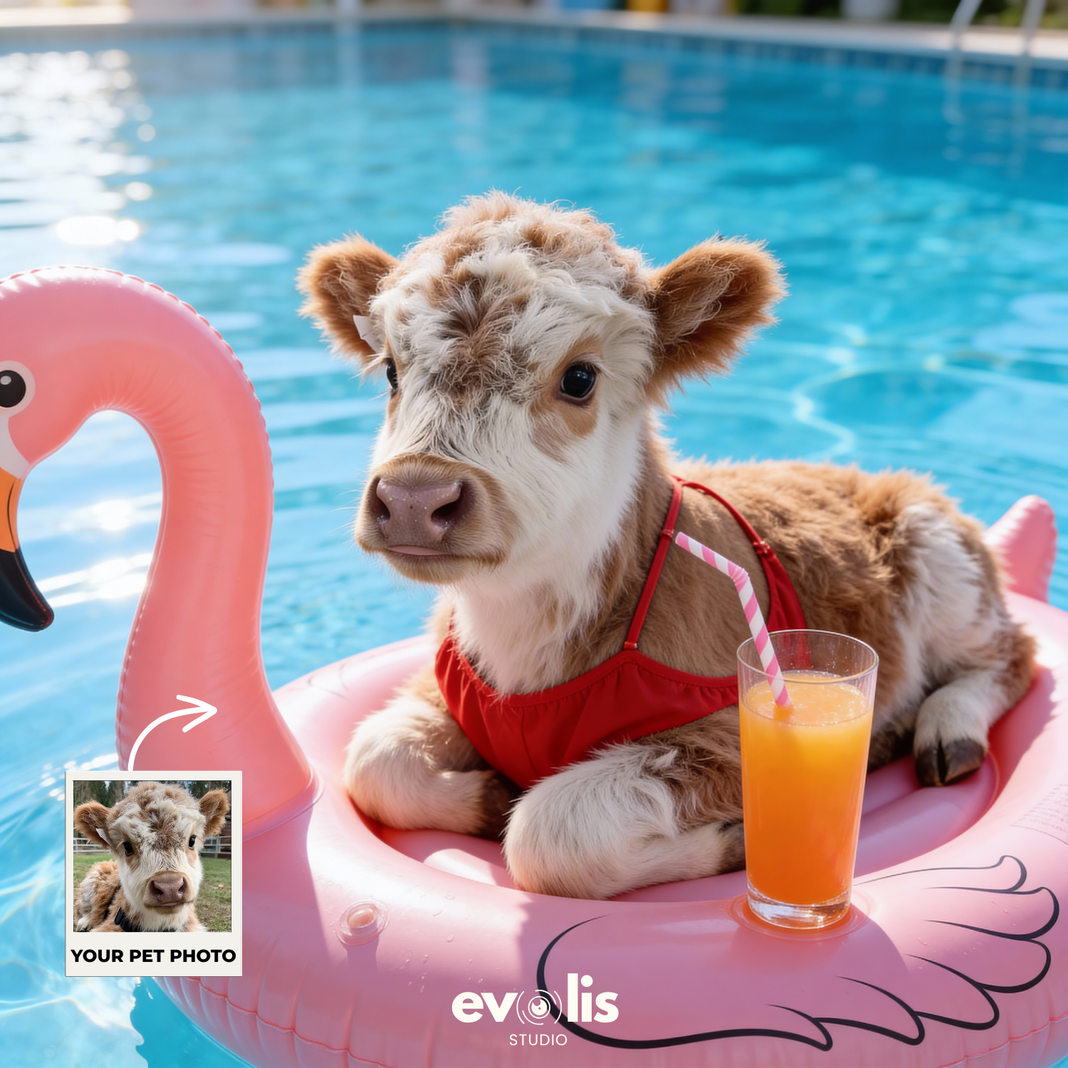 Custom Pet Poster Pink Paradise Float Portrait – Personalized High-Resolution Matte Print for Wall Art, Home Decor, or Unique Gifts for Pet Lovers (Frame Not Included)