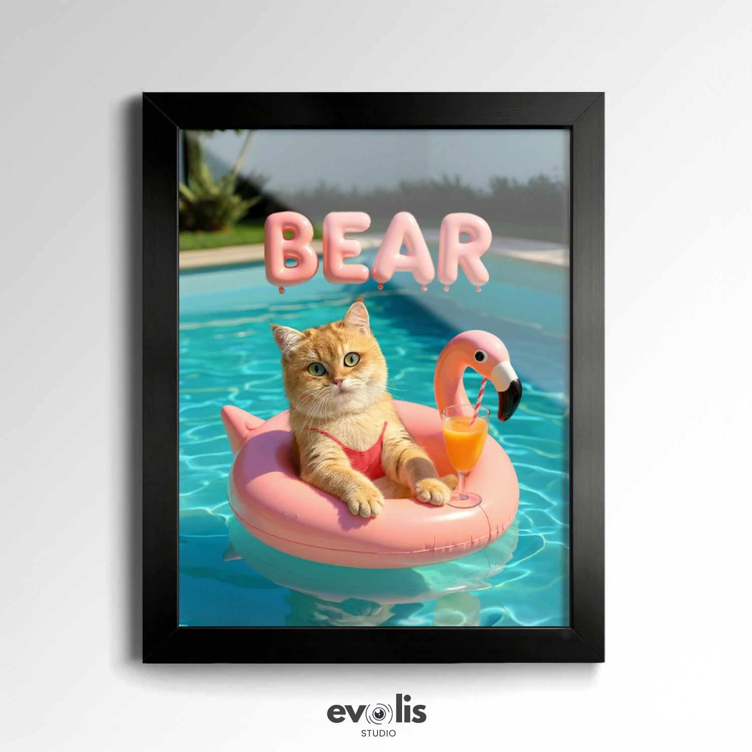 Custom Pet Poster Pink Paradise Float Portrait – Personalized High-Resolution Matte Print for Wall Art, Home Decor, or Unique Gifts for Pet Lovers (Frame Not Included)