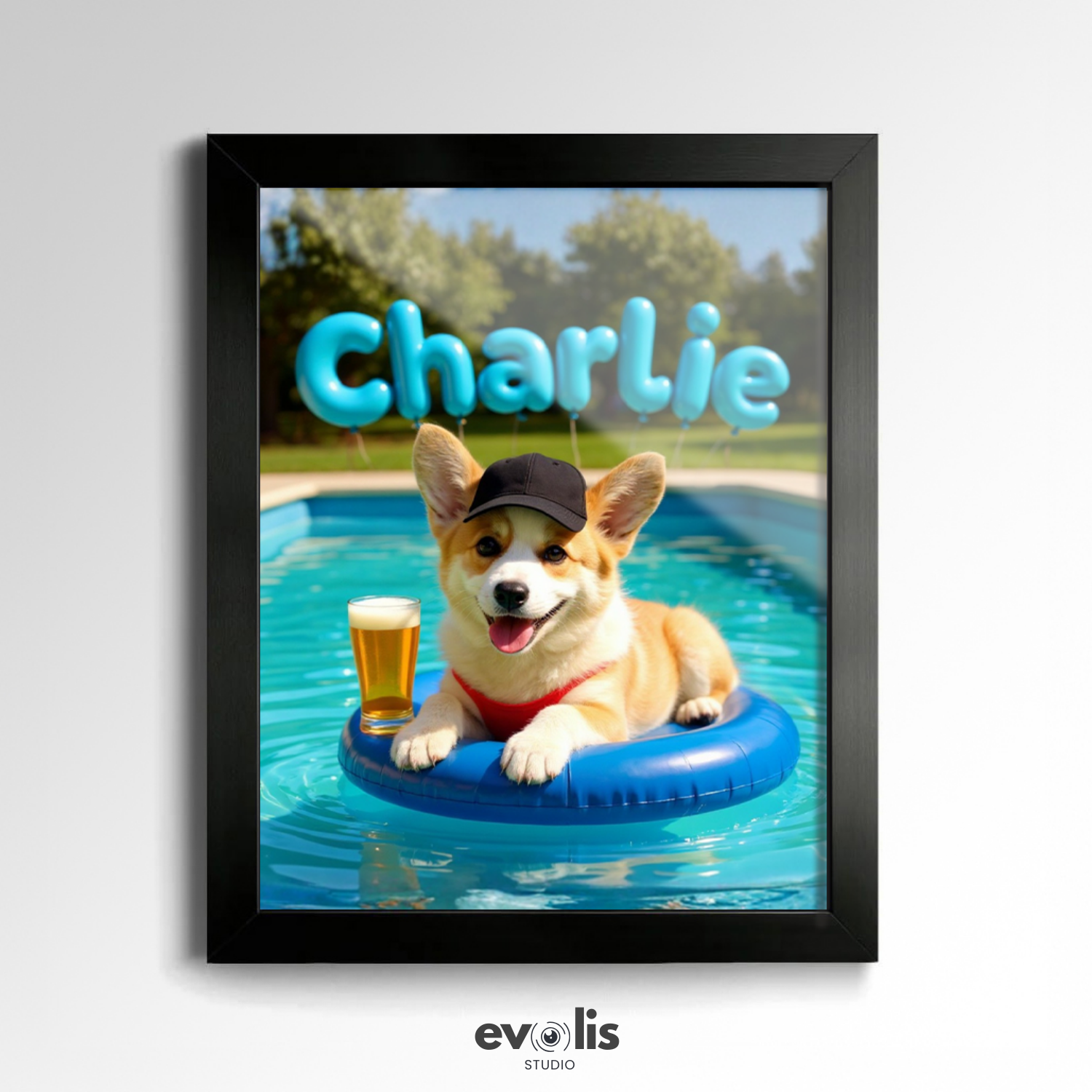 Custom Pet Poster Poolside Sunshine Portrait – Personalized High-Resolution Matte Print for Wall Art, Home Decor, or Unique Gifts for Pet Lovers (Frame Not Included)