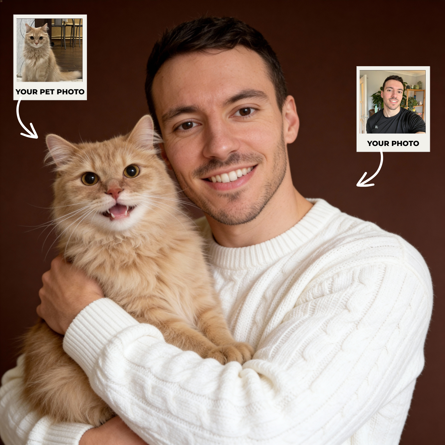 Custom Human & Pet Portrait Caramel Mocha Embrace Portrait - Personalized High-Resolution Matte Print for Wall Art, Home Decor, or Unique Gifts for Pet Lovers (Frame Not Included)