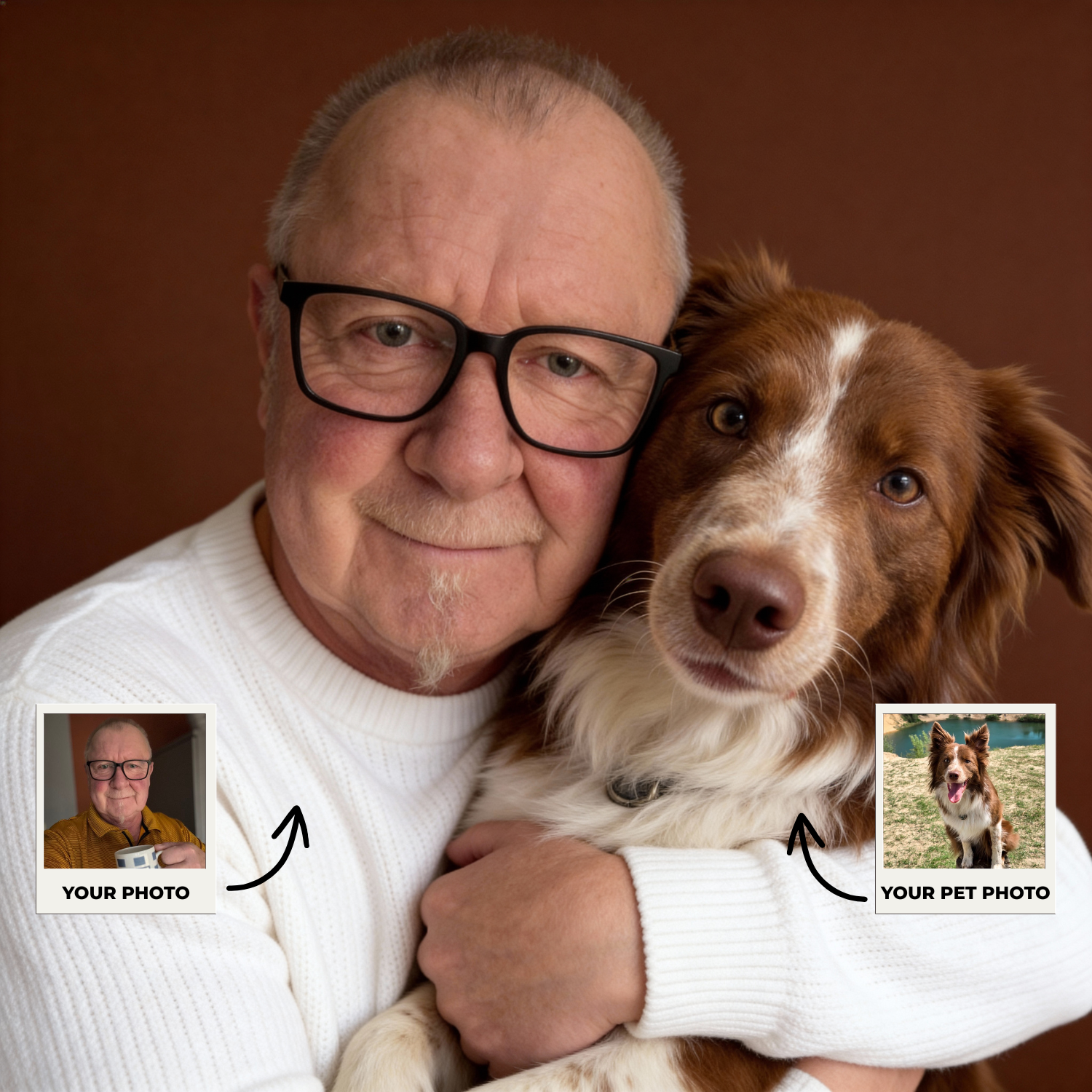 Custom Human & Pet Portrait Caramel Mocha Embrace Portrait - Personalized High-Resolution Matte Print for Wall Art, Home Decor, or Unique Gifts for Pet Lovers (Frame Not Included)