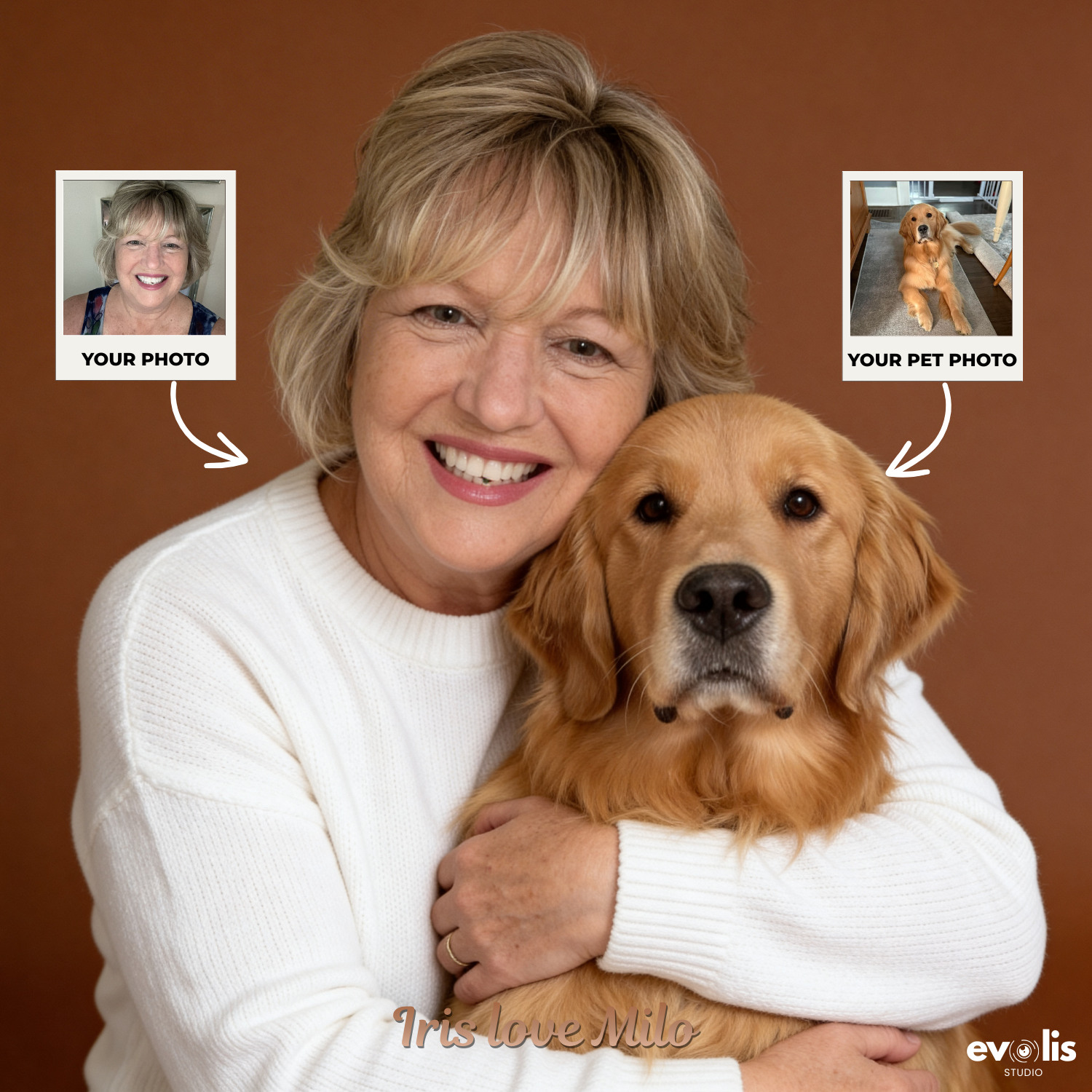 Custom Human & Pet Portrait Caramel Mocha Embrace Portrait - Personalized High-Resolution Matte Print for Wall Art, Home Decor, or Unique Gifts for Pet Lovers (Frame Not Included)