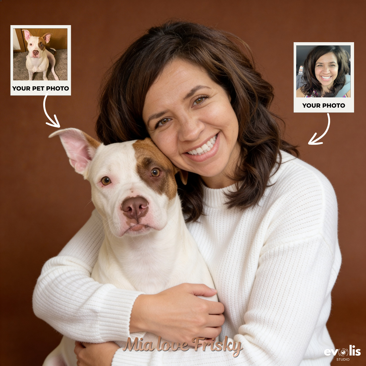 Custom Human & Pet Portrait Caramel Mocha Embrace Portrait - Personalized High-Resolution Matte Print for Wall Art, Home Decor, or Unique Gifts for Pet Lovers (Frame Not Included)