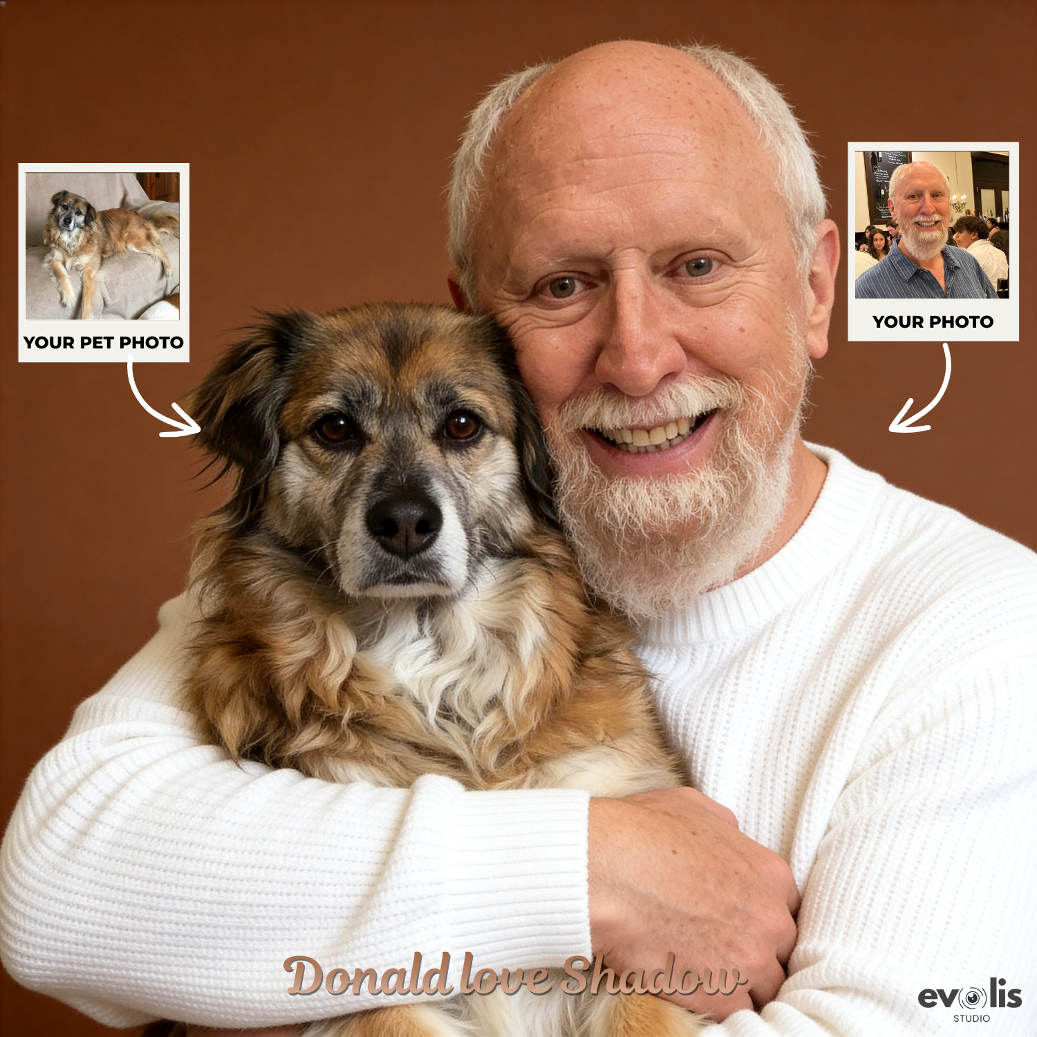 Custom Human & Pet Portrait Caramel Mocha Embrace Portrait - Personalized High-Resolution Matte Print for Wall Art, Home Decor, or Unique Gifts for Pet Lovers (Frame Not Included)