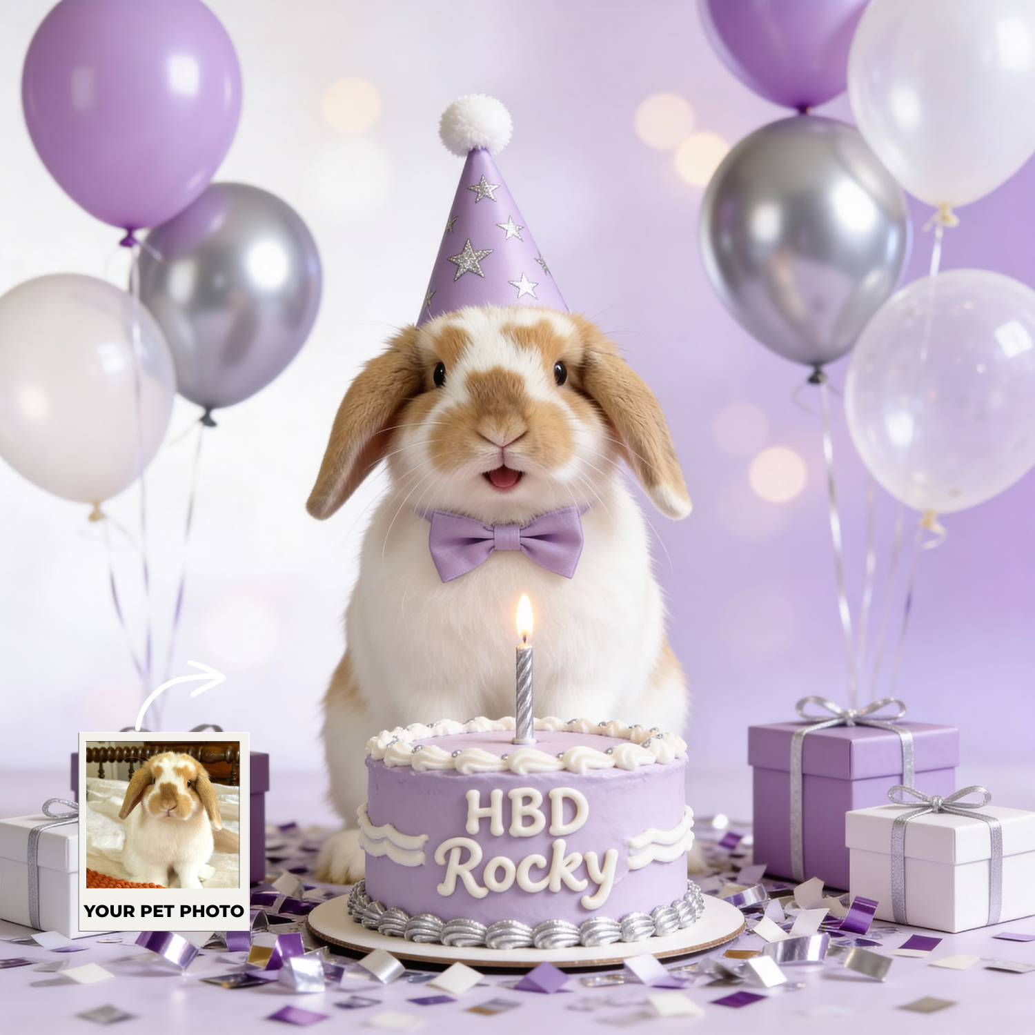 Custom Pet Poster Birthday Celebration Portrait with Purple Background – Personalized High-Resolution Matte Print for Wall Art, Home Decor, or Unique Gifts for Pet Lovers (Frame Not Included)