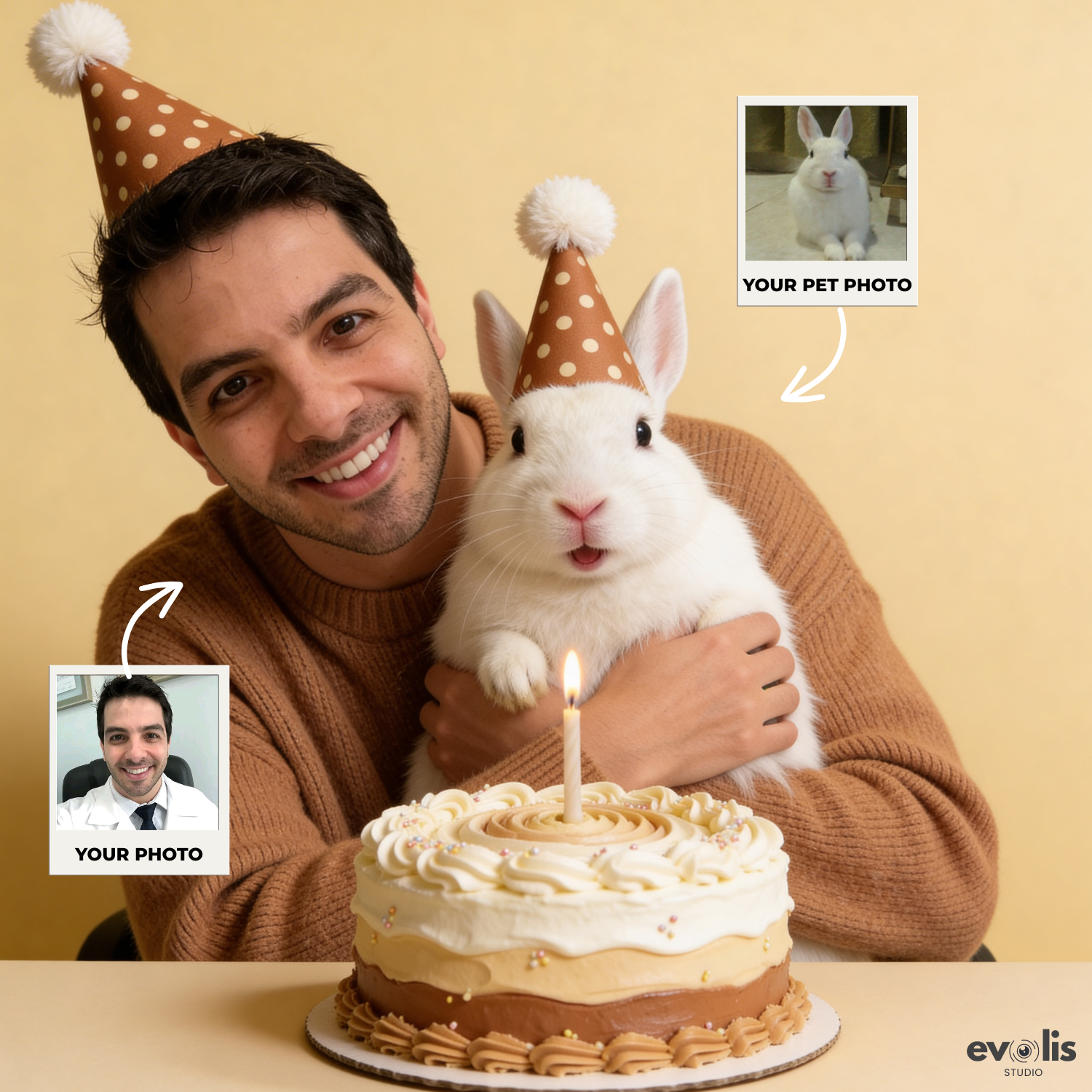 Custom Human & Pet Portrait Birthday Studio Beige Theme Portrait - Personalized High-Resolution Matte Print for Wall Art, Home Decor, or Unique Gifts for Pet Lovers (Frame Not Included)