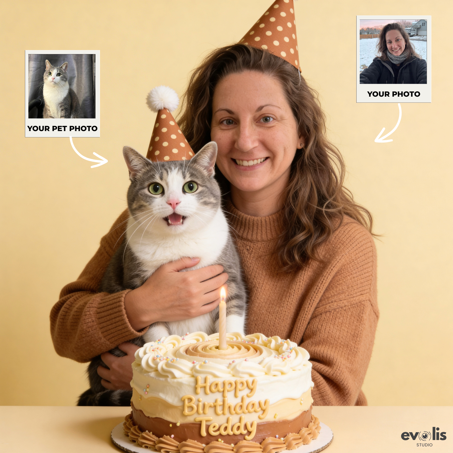 Custom Human & Pet Portrait Birthday Studio Beige Theme Portrait - Personalized High-Resolution Matte Print for Wall Art, Home Decor, or Unique Gifts for Pet Lovers (Frame Not Included)