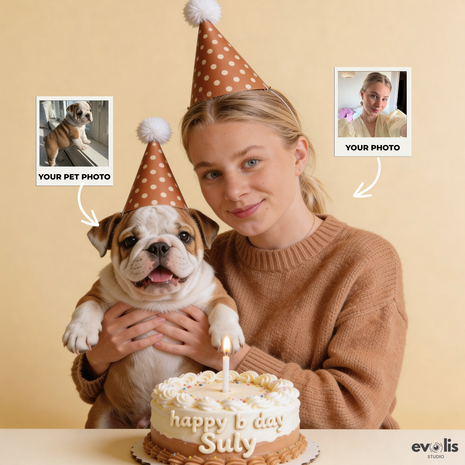 Custom Human & Pet Portrait Birthday Studio Beige Theme Portrait - Personalized High-Resolution Matte Print for Wall Art, Home Decor, or Unique Gifts for Pet Lovers (Frame Not Included)