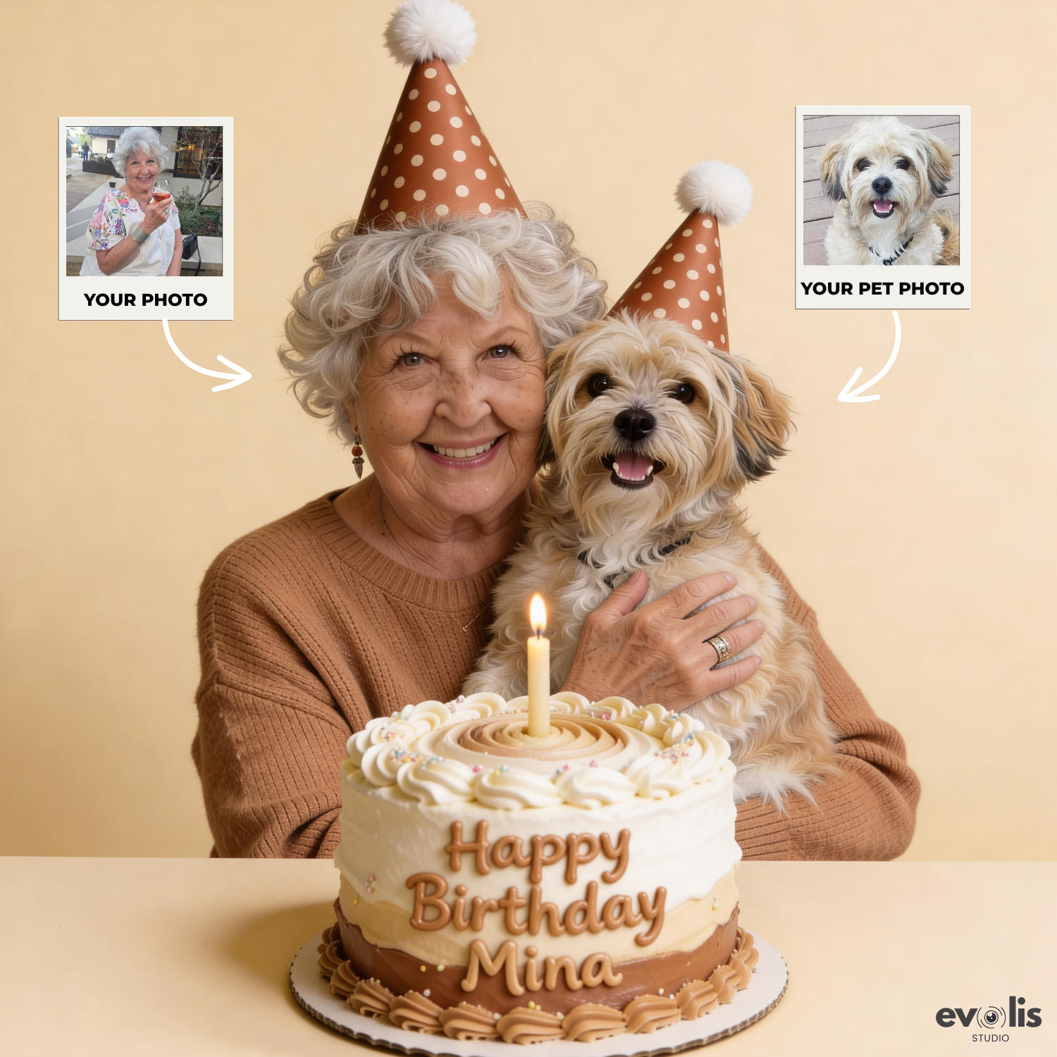 Custom Human & Pet Portrait Birthday Studio Beige Theme Portrait - Personalized High-Resolution Matte Print for Wall Art, Home Decor, or Unique Gifts for Pet Lovers (Frame Not Included)