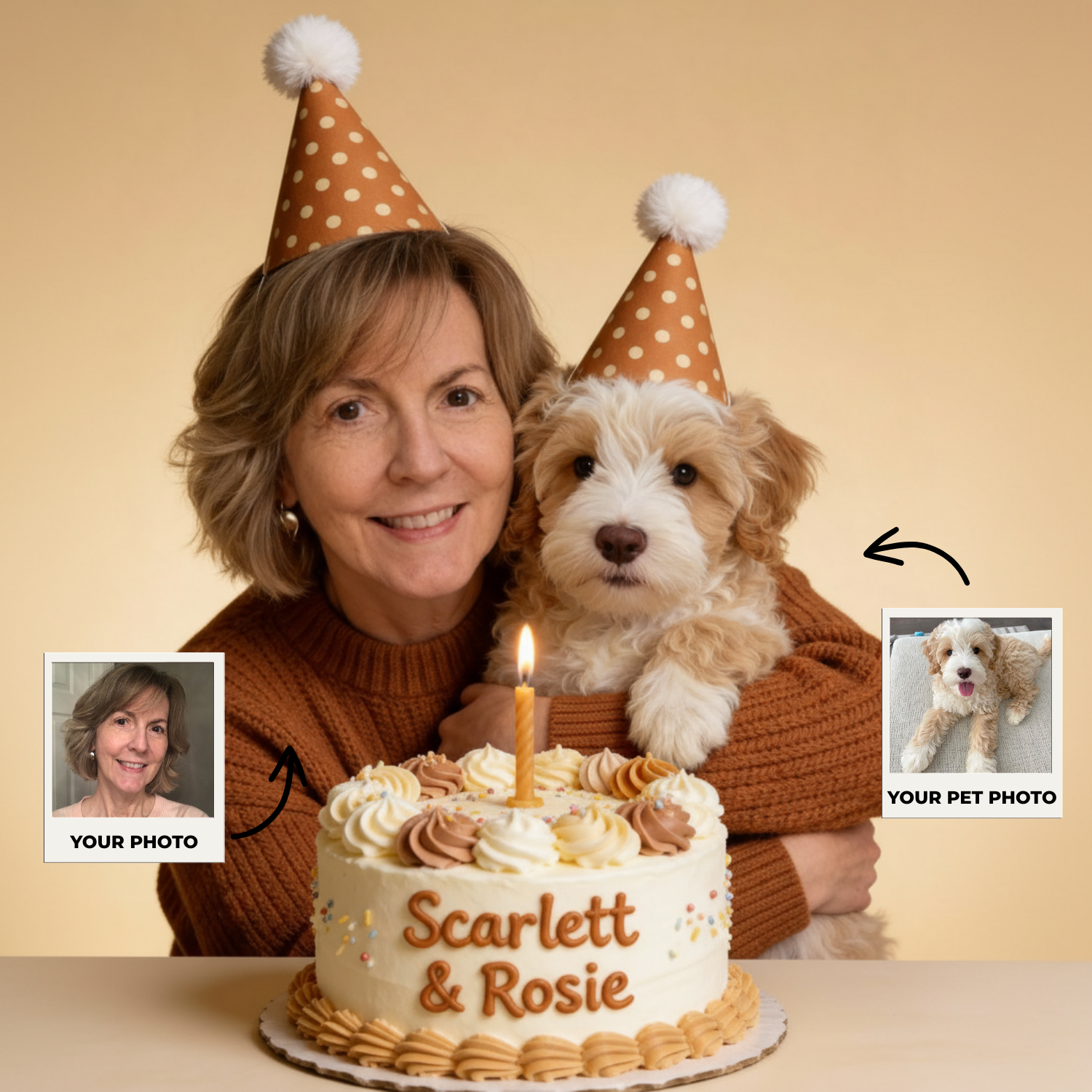 Custom Human & Pet Portrait Birthday Studio Beige Theme Portrait - Personalized High-Resolution Matte Print for Wall Art, Home Decor, or Unique Gifts for Pet Lovers (Frame Not Included)