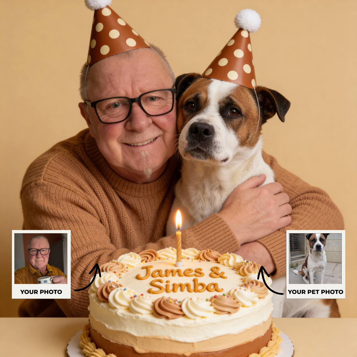 Custom Human & Pet Portrait Birthday Studio Beige Theme Portrait - Personalized High-Resolution Matte Print for Wall Art, Home Decor, or Unique Gifts for Pet Lovers (Frame Not Included)