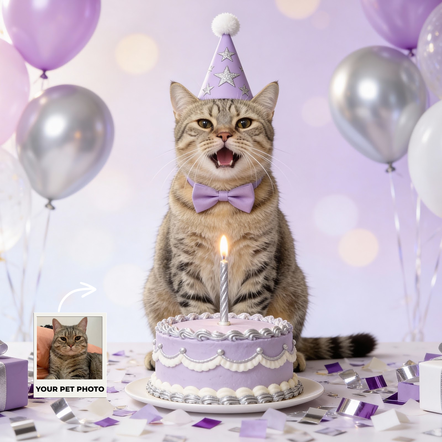 Custom Pet Poster Birthday Celebration Portrait with Purple Background – Personalized High-Resolution Matte Print for Wall Art, Home Decor, or Unique Gifts for Pet Lovers (Frame Not Included)
