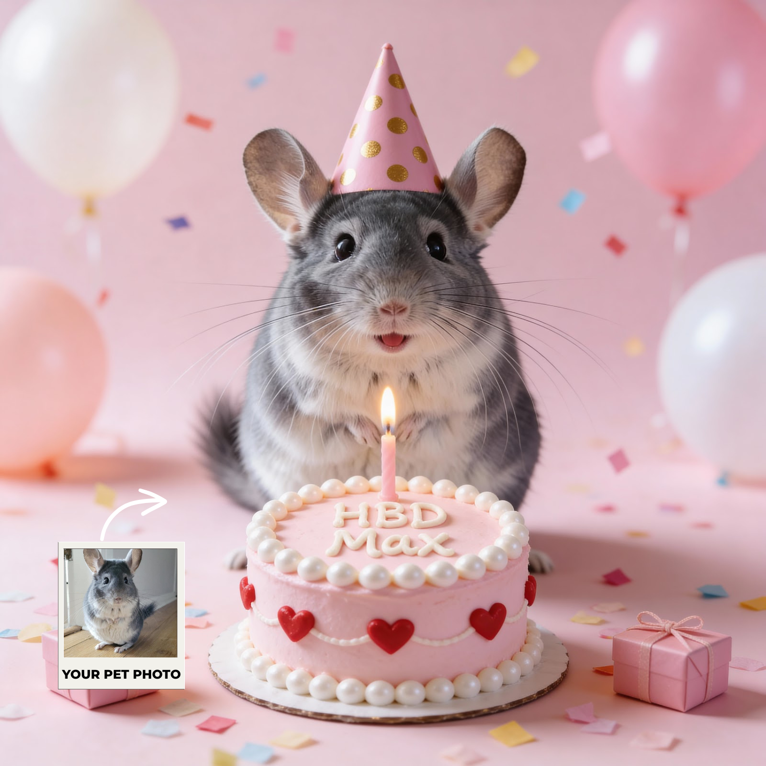 Custom Pet Poster Birthday Celebration Portrait with Pink Background – Personalized High-Resolution Matte Print for Wall Art, Home Decor, or Unique Gifts for Pet Lovers (Frame Not Included)