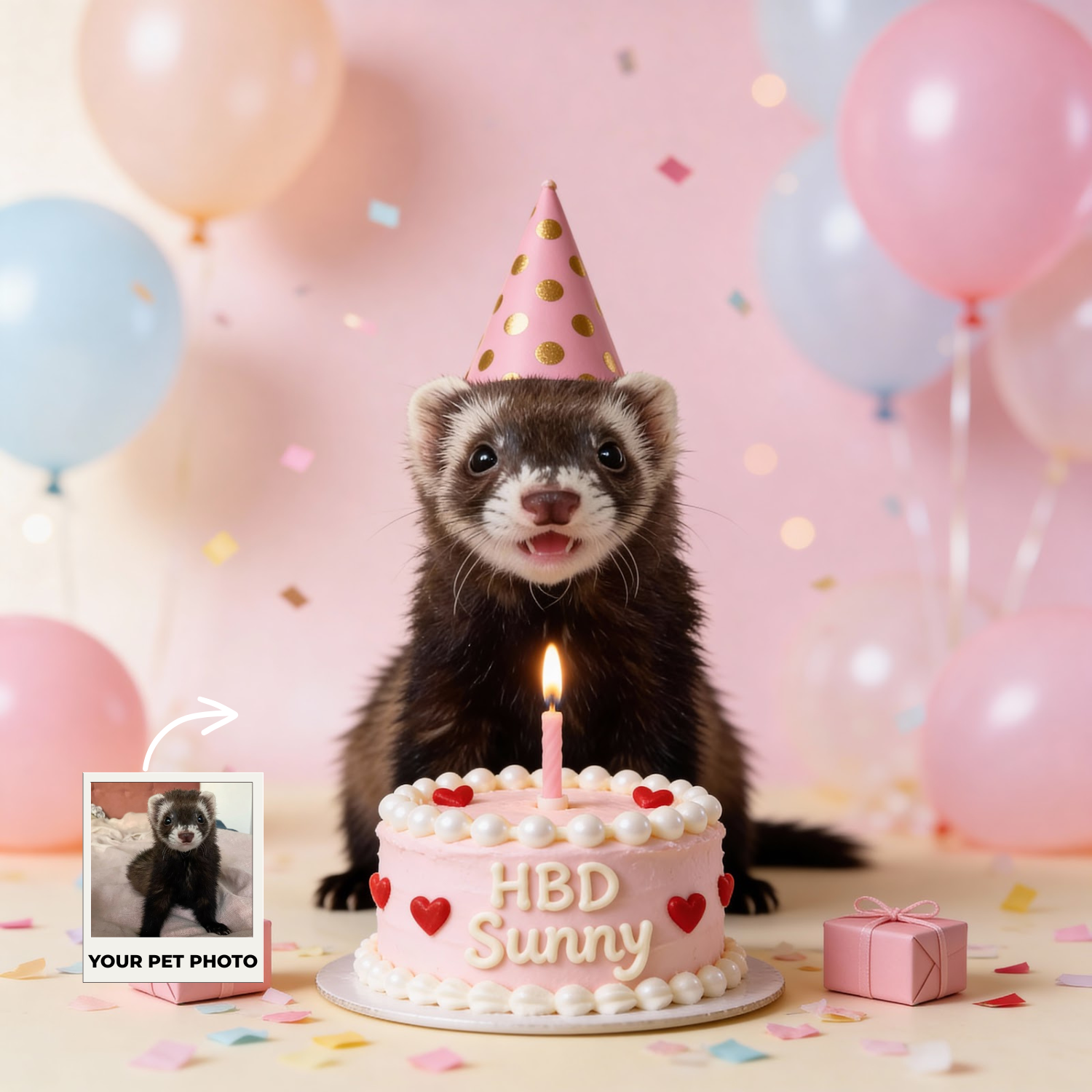 Custom Pet Poster Birthday Celebration Portrait with Pink Background – Personalized High-Resolution Matte Print for Wall Art, Home Decor, or Unique Gifts for Pet Lovers (Frame Not Included)