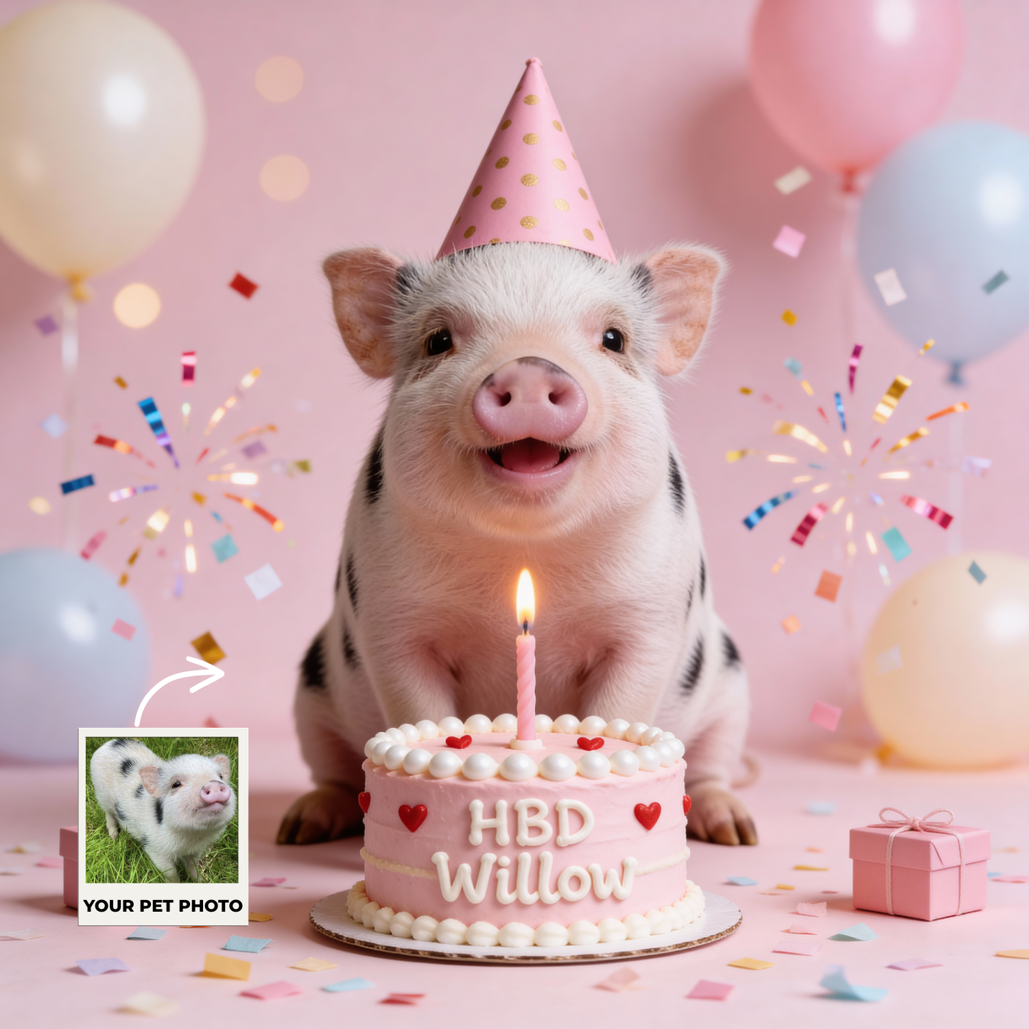 Custom Pet Poster Birthday Celebration Portrait with Pink Background – Personalized High-Resolution Matte Print for Wall Art, Home Decor, or Unique Gifts for Pet Lovers (Frame Not Included)