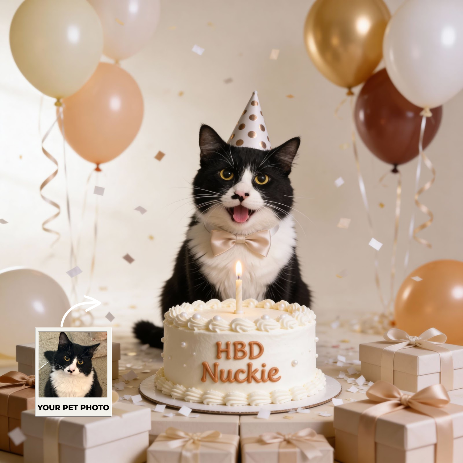 Custom Pet Poster Birthday Celebration Portrait with Beige Background – Personalized High-Resolution Matte Print for Wall Art, Home Decor, or Unique Gifts for Pet Lovers (Frame Not Included)