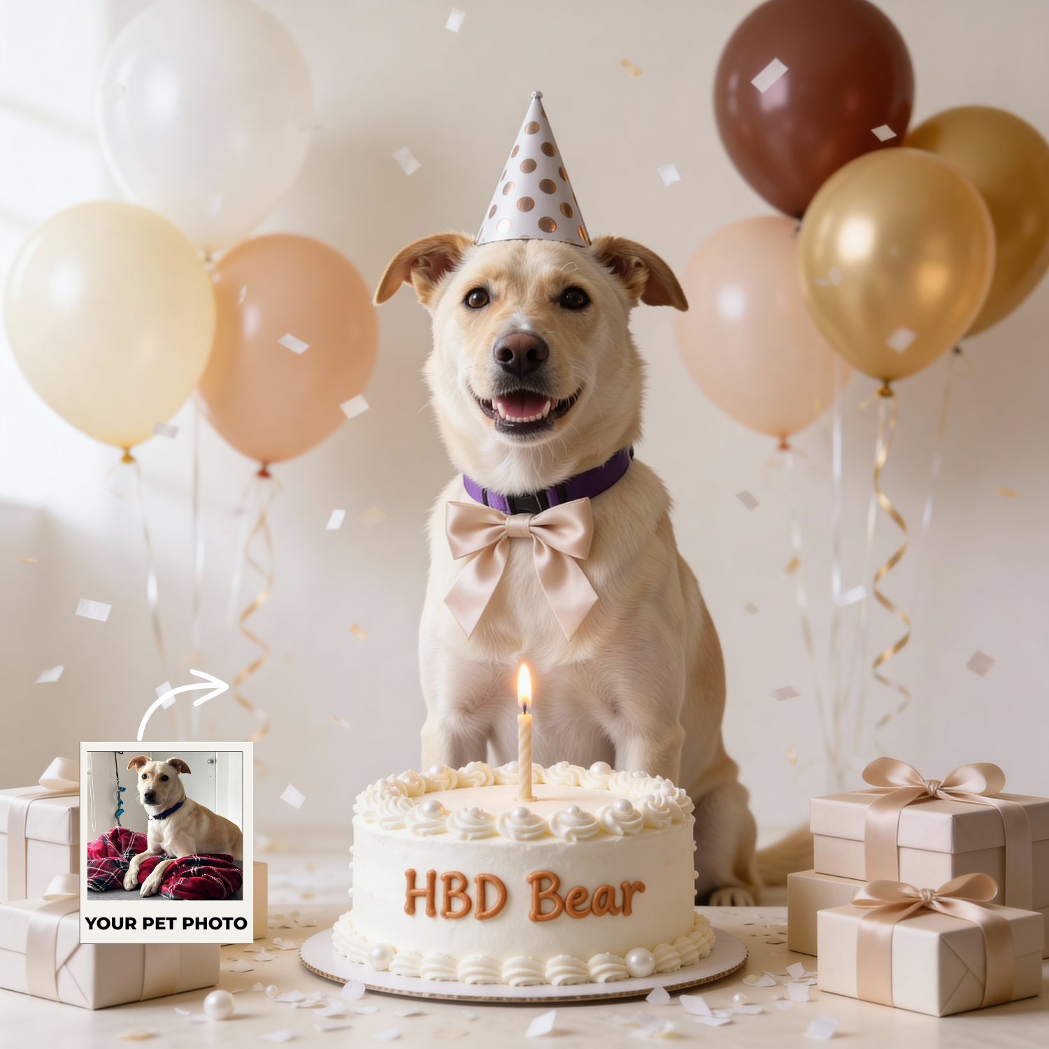 Custom Pet Poster Birthday Celebration Portrait with Beige Background – Personalized High-Resolution Matte Print for Wall Art, Home Decor, or Unique Gifts for Pet Lovers (Frame Not Included)