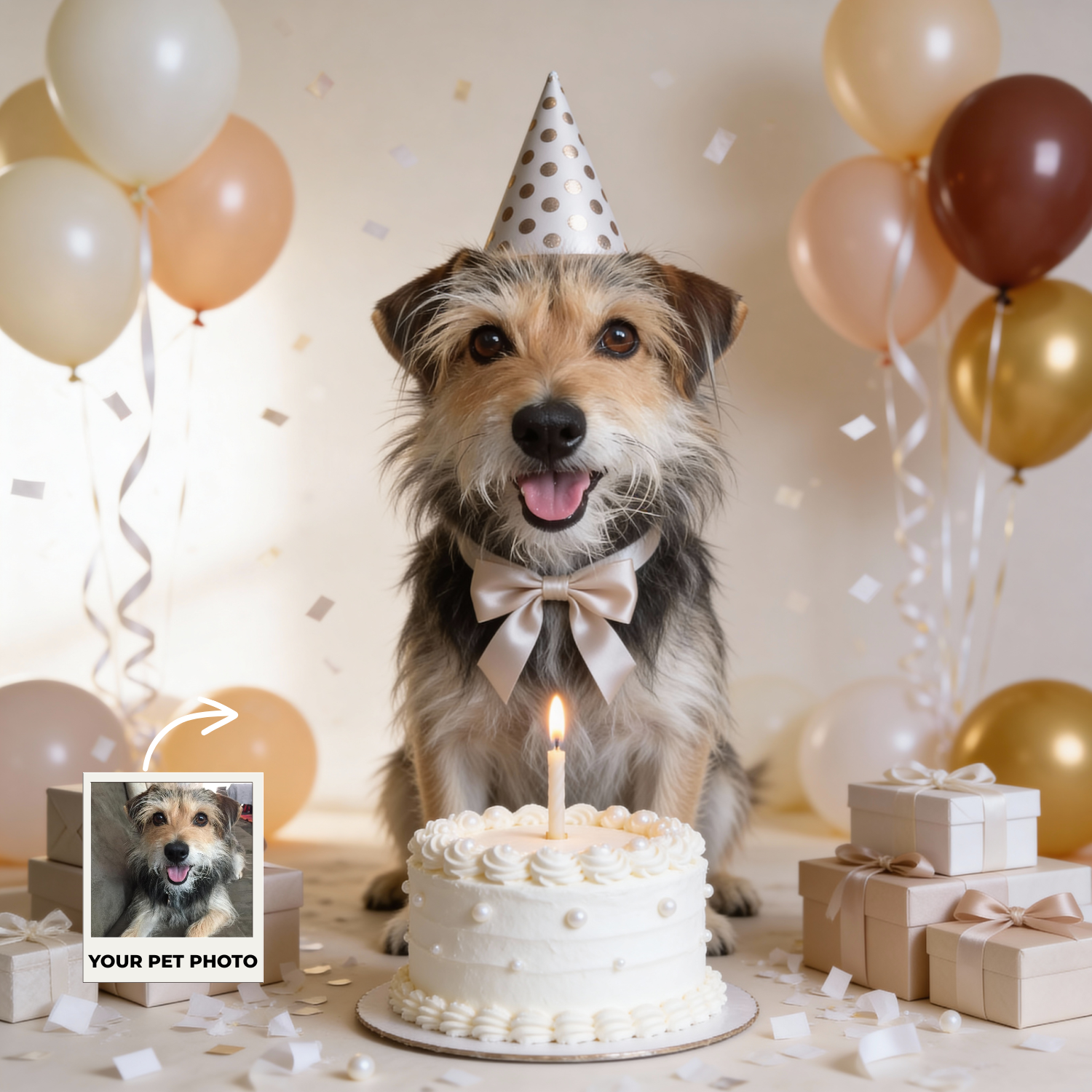 Custom Pet Poster Birthday Celebration Portrait with Beige Background – Personalized High-Resolution Matte Print for Wall Art, Home Decor, or Unique Gifts for Pet Lovers (Frame Not Included)