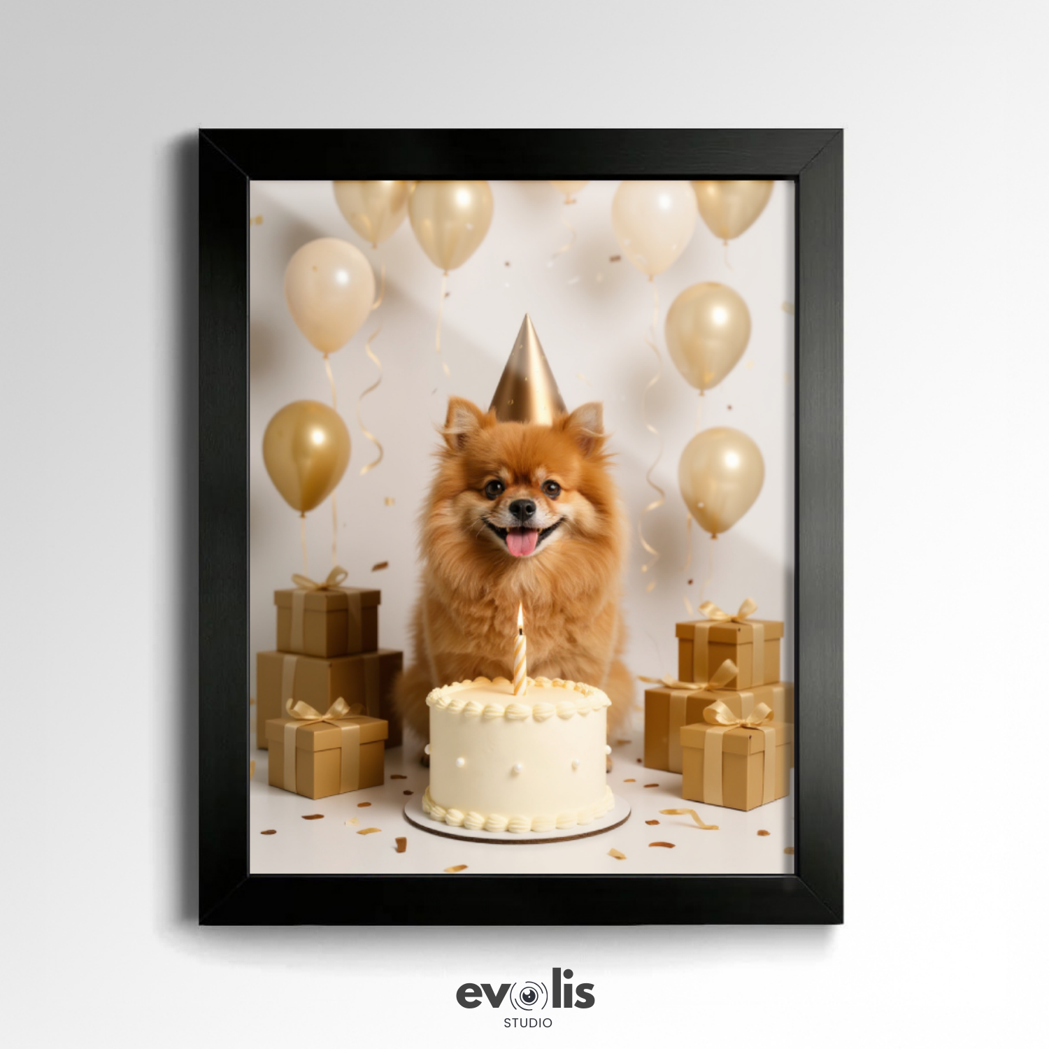 Custom Pet Poster Birthday Celebration Portrait with Beige Background – Personalized High-Resolution Matte Print for Wall Art, Home Decor, or Unique Gifts for Pet Lovers (Frame Not Included)