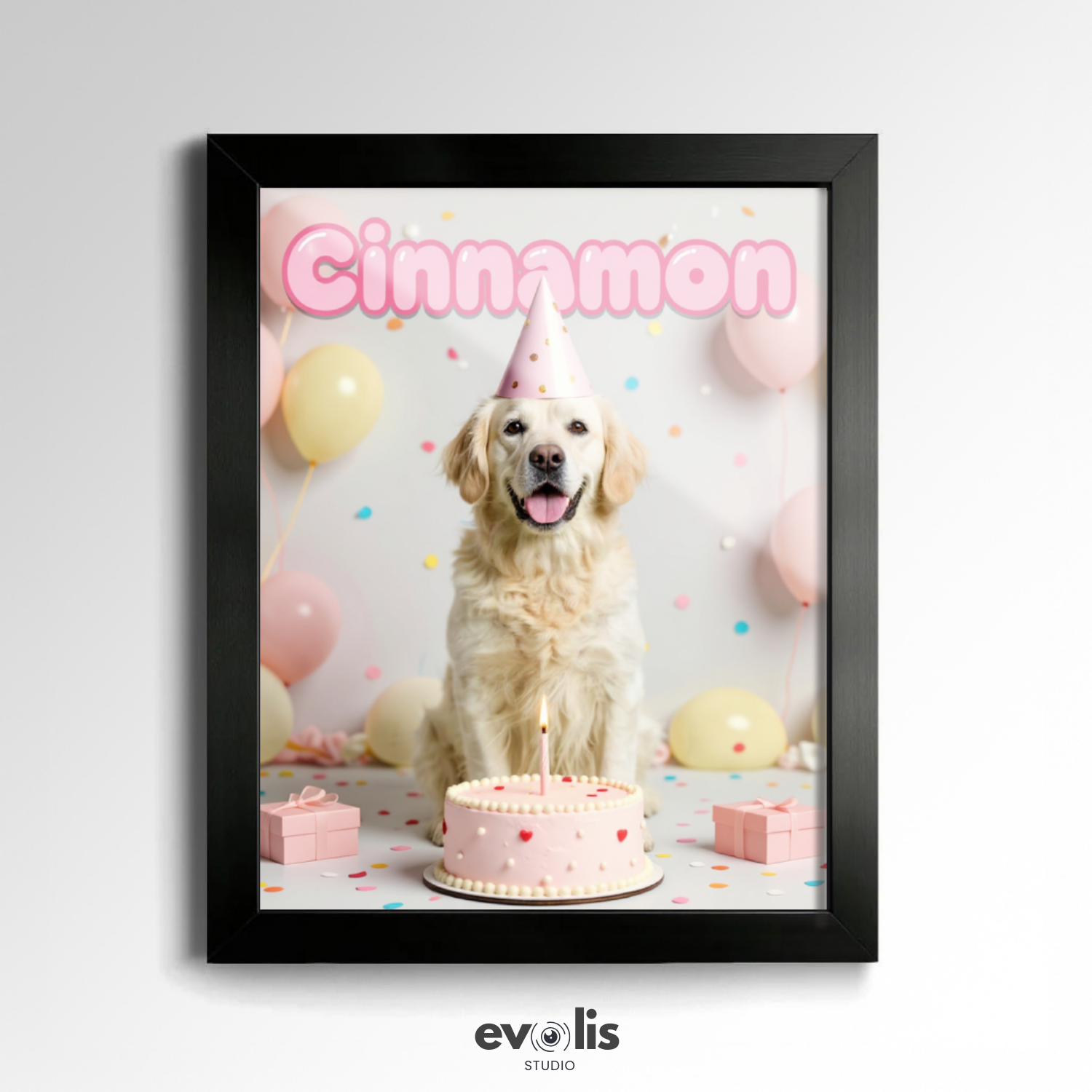 Custom Pet Poster Birthday Celebration Portrait with Pink Background – Personalized High-Resolution Matte Print for Wall Art, Home Decor, or Unique Gifts for Pet Lovers (Frame Not Included)