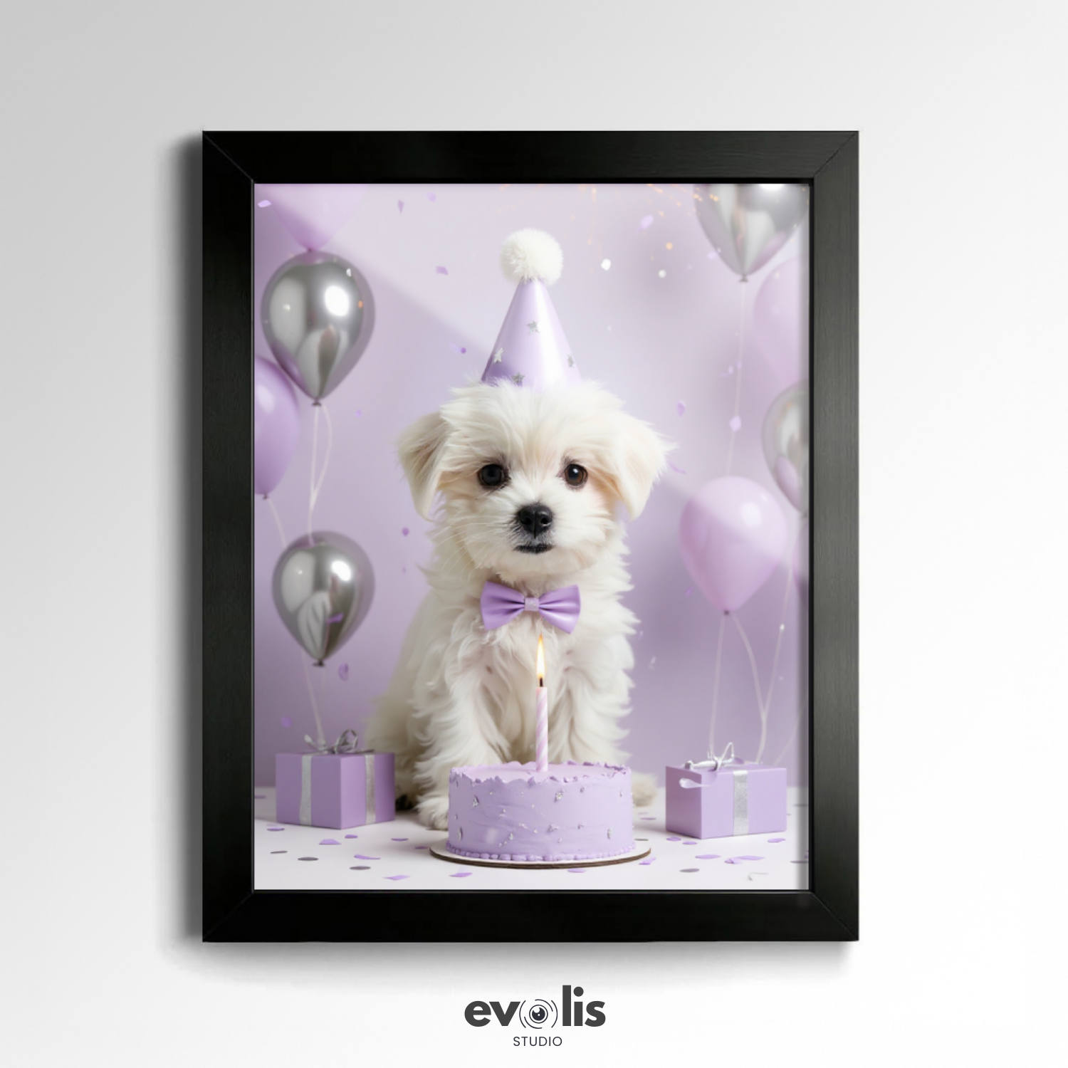 Custom Pet Poster Birthday Celebration Portrait with Purple Background – Personalized High-Resolution Matte Print for Wall Art, Home Decor, or Unique Gifts for Pet Lovers (Frame Not Included)